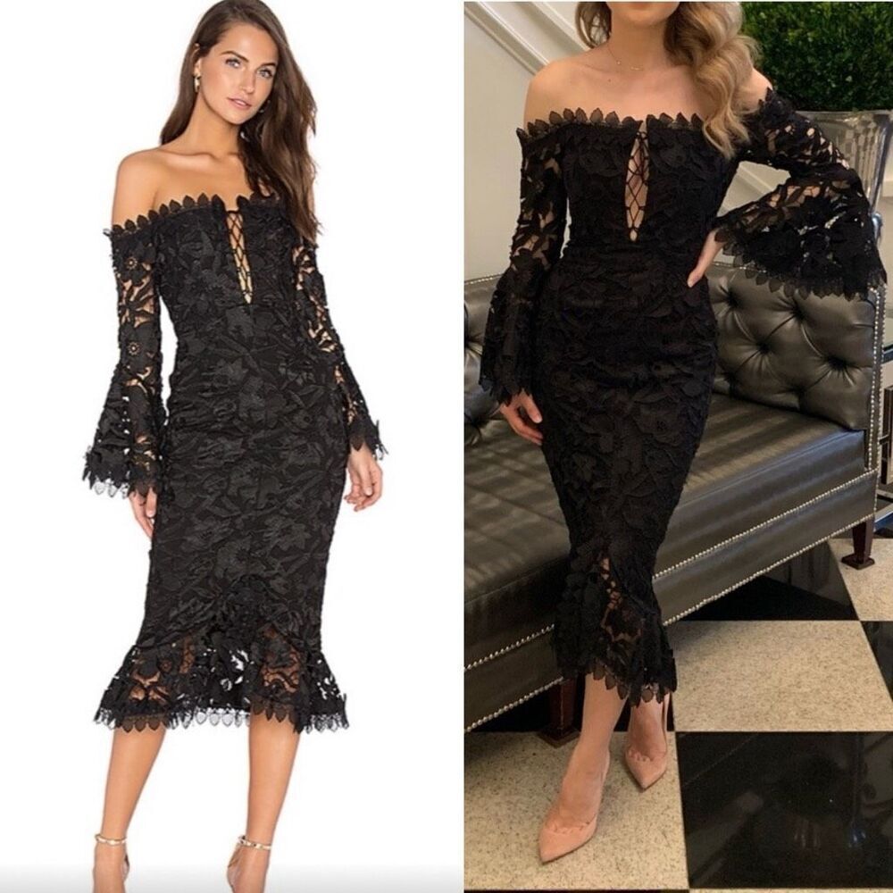 NICHOLAS Botanical Off Shoulder Midi Lace Bell Sleeve Dress